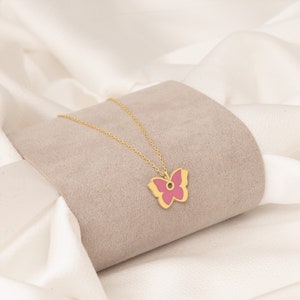 14K Solid Gold Pink Enamel Butterfly Necklace Real Gold Buterfly Gifts Enamel Butterfly Pendant Butterfly Necklace Gift For Mother image 4