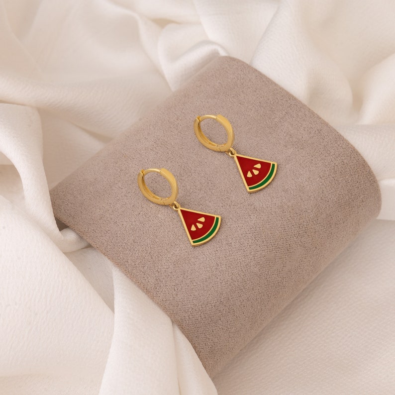 14K Real Gold Watermelon Hoop Earrings Red Watermelon Gold Earrings Lucky Earring Gift For Kids 14K Real Gold Melon Fruit Earrings image 4