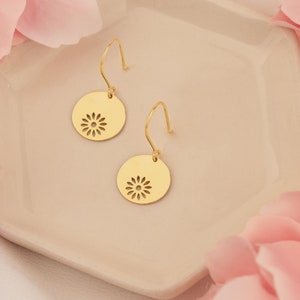 14K Solid Gold Flower Dangle Earrings Disc Flower Earrings Flower Earrings 14K Gold Jewellery Earrings for Women Gift For Mother image 2