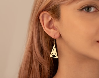 14K Solid Gold Moon Sun Star Earrings - Triangle Celestial Earrings - Gold Moon Dangle Earrings - 14K Gold Jewellery - Celestial Earrings
