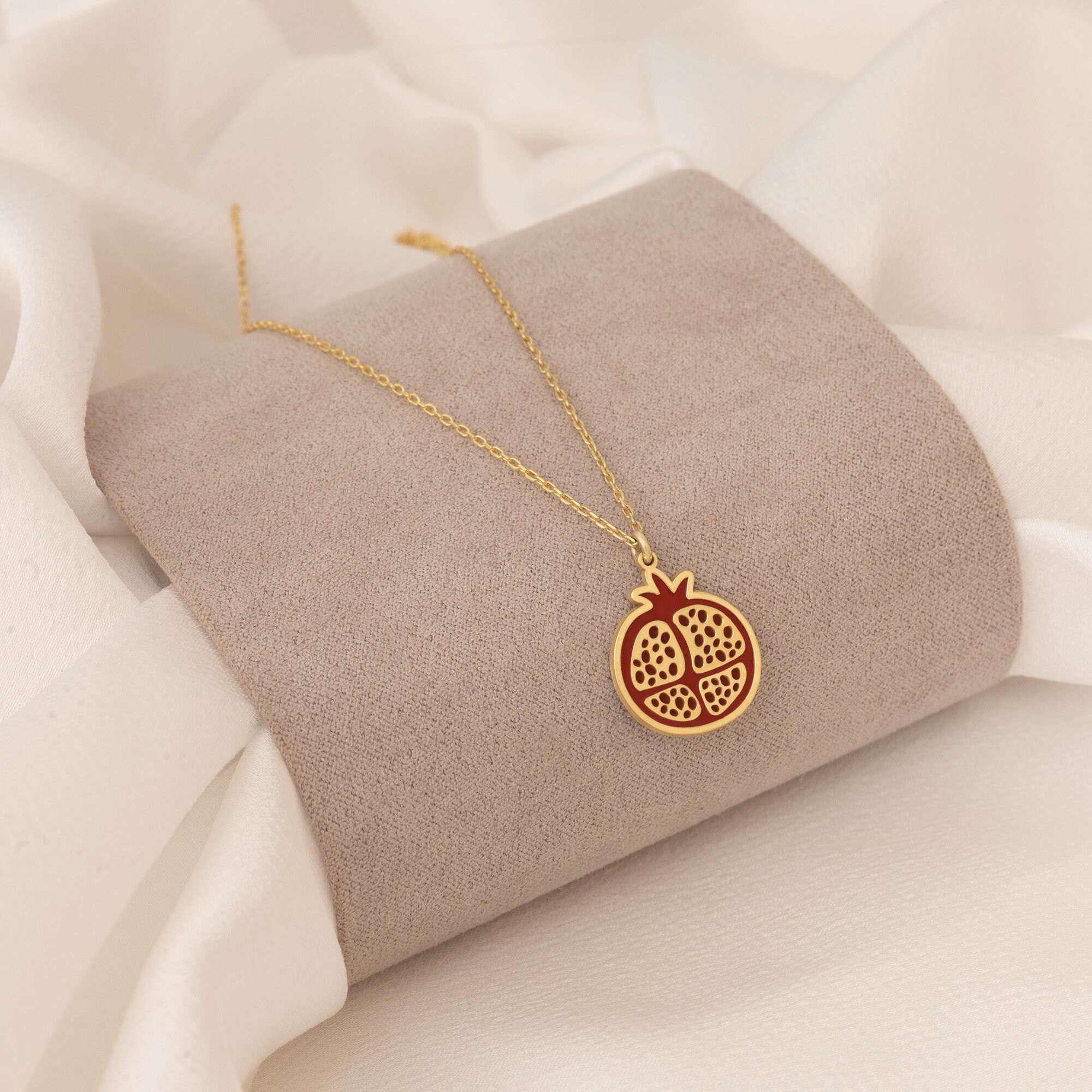 14K Solid Gold Pomegranate Necklace Real Gold Enamel Pomegranate