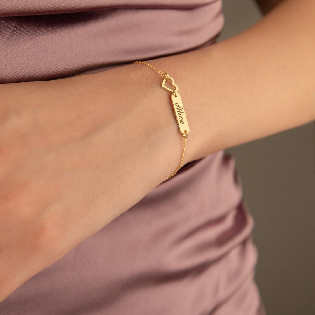 14K Solid Gold Personalized Name Bar Bracelet With Heart Gold Name