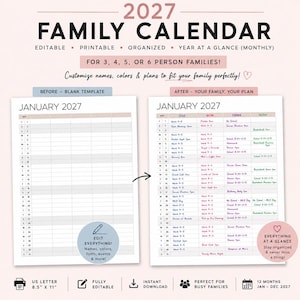 Redigerbar familjekalender 2027, utskrivbar, anpassningsbar Canva-kalenderplanerare för familjer med 3–6 personer