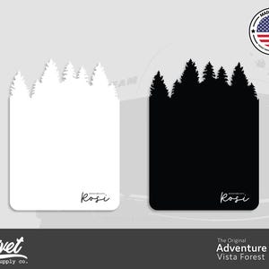 May include: Two versions of a white and black silhouette of a forest with the text "Rosi" at the bottom. The text "The Original Adventure Board Vista Forest" is below the images.
