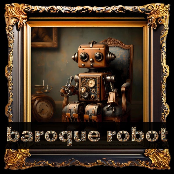 Baroque steampunk mechanical robot. Painting in the style of the artists of the Golden Age. 1 JPG image 6000x6000px
