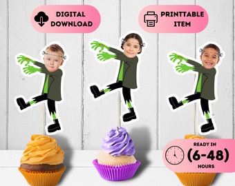 Decorazioni a forma di volto di Frankenstein, festa di Halloween per bambini, decorazioni di Halloween, decorazioni horror, festa del film Scream, cupcake stampabili, Halloween vintage