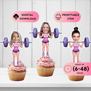 May include: Three printable cupcake toppers featuring a cartoon woman lifting weights. The toppers are ready in 6-48 hours.  The text "DIGITAL DOWNLOAD" and "PRINTABLE ITEM" are on the top of the image.