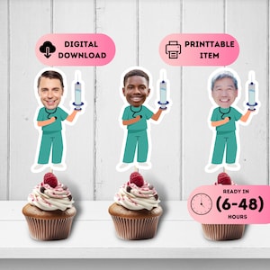 Toppers personalizados para rosto de enfermeiro, topos de cupcake de aposentadoria, topos de cupcake de médico, topos de cupcake médicos, decoração para festa médica