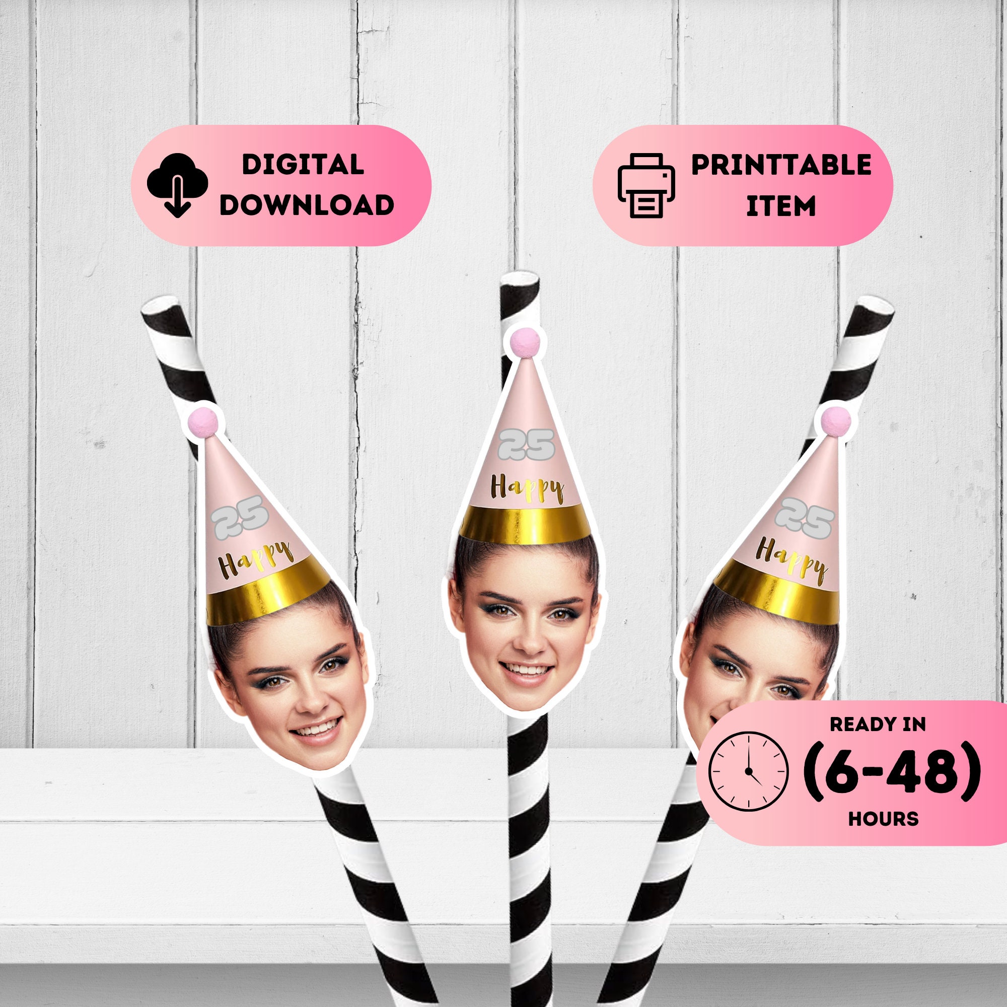 Adult Face Straws,Gold Party Hat Head Straws,Black Birthday Straws,Straws with Pictures,Custom Bachelorette Part Decor,20th 30th 40th 50th