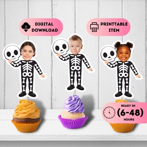 Skelett Benutzerdefinierte Gesicht Toppers,Halloween Cupcake Toppers,Halloween Druckbare Dekoration,Horror Party Dekorationen,Gesicht Foto Halloween