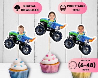 Monster Truck Face Toppers,Monster Car Cupcake Toppers,Car Birthday Decor,Prıntable Custom Face Toppers,Personalized Toppers Baby Face