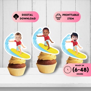 Surfer Boy Face Toppers,Surfing Photo Cupcake Topper,Personalised Sticker Cupcake Topper,Custom Surfer Toppers,Printable Cupcake Toppers,4th