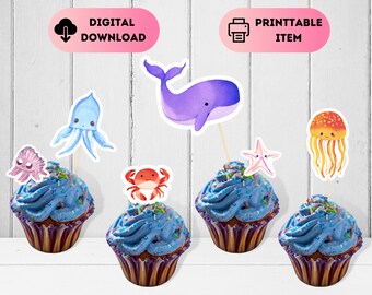 Adornos para cupcakes con animales marinos, calcomanía para pastel de criaturas oceánicas, tema imprimible de fiesta de acuario, decoración náutica para cumpleaños infantiles, 1.º y 2.º cumpleaños.