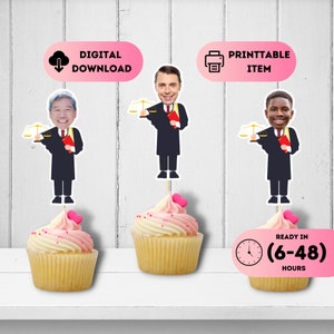 Lawyer Face Toppers,Judge Cupcake Toppers,Gavel Birthday Favors, Law School Graduation Party,Solicitor Retirement Party,Judge Party Decal