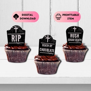 Tombstone Cupcake Topper,Printable Gravestone Party Decor,Halloween Cupcake Toppers,Spooky Cake Toppers,Halloween Skull Decor,Spooky Party