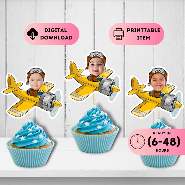 Baby Pilot Face Toppers,Kids Airplane Cupcake Favors,Aviator Birthday Party Theme,Photo Face Cutout,Handmade Decor,Flight Attendant Decal