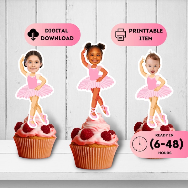 Ballerina Face Cupcake Toppers,Ballet Dancer Cake Decal,Lilac Tutus Party Theme,Ballet Girl Birthday Decor,Pink Kids Head Favros,1st 2nd 3rd