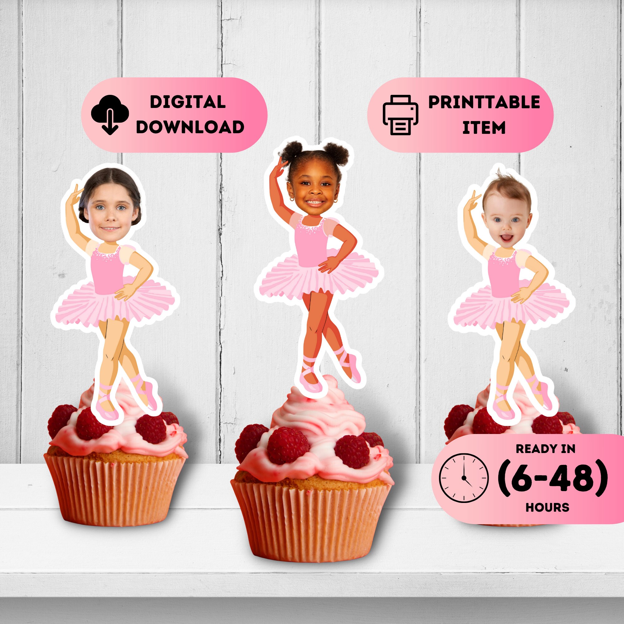 Ballerina Face Cupcake Toppers,Ballet Dancer Cake Decal,Lilac Tutus Party Theme,Ballet Girl Birthday Decor,Pink Kids Head Favros,1st 2nd 3rd