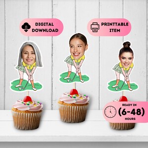 Female Golf Player Cupcake Toppers,Golf Women Face Toppers,Golf Party Theme,Golf Player Birthday Toppers,20th 30th 40th 50th 60th Party