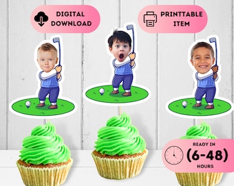 Kids Golf Birthday Face Topper,Hole-in-One Cupcake Decal,Golf Par-tee Themed Favors,Golf Ball and Tee Decor,Funny Photo Toppers,1st Birthday