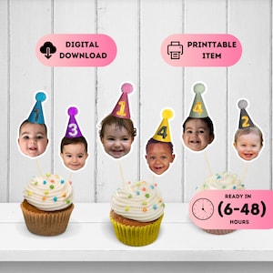 Topper per cupcake a forma di faccina da bambino, decorazioni personalizzate per compleanno, topper per torta divertente, primo compleanno, topper per torta a forma di faccina da cappello da festa, topper per torta personalizzato per bambino, primo compleanno