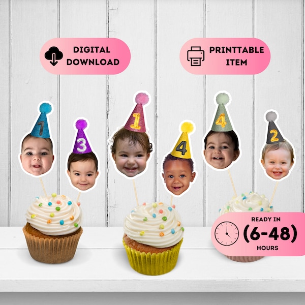 Baby Gesicht Cupcake Topper, personalisierte Geburtstagsdeko, lustiger Kuchen Topper, erster Geburtstag Partyhut Gesicht Topper, kundenspezifischer Baby Topper