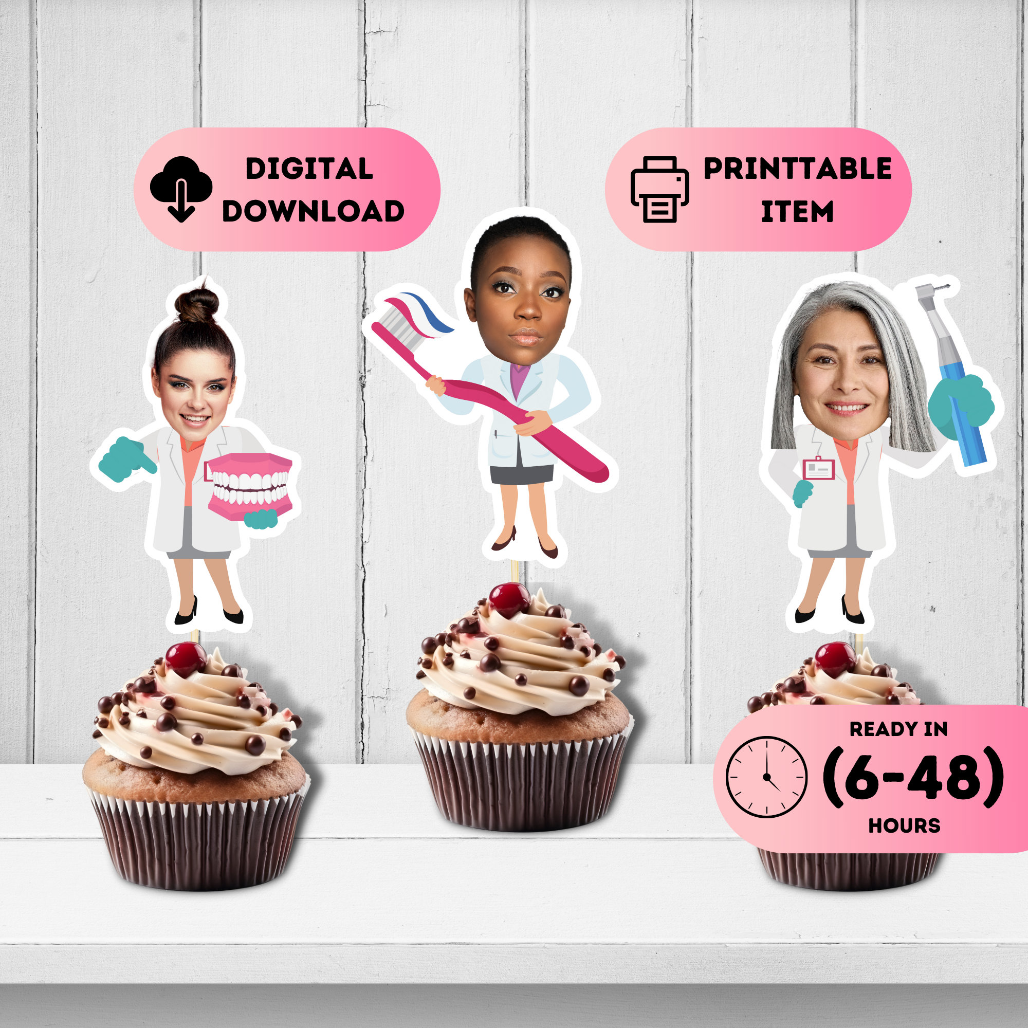 Female Dentist Face Toppers,Dental Graduate Party Decor,Retirement Cupcake Decal,Birthday Head Decorations,Personalized Photo 30th 40th 50th