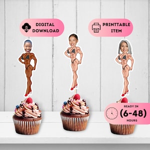 Mrs Olympia Face Toppers,Gym Workout Cupcake Theme,Powerlifting Birthday Decor,CrossFit Cake Favors,Women Bodybuilder Funny Toppers,20th