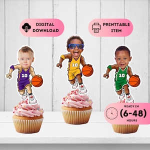 Custom Basketball Player Cupcake Toppers,Basketball Jersey Face Cake Decal,Sports Party Theme,Basketball Games Birthday Decor,Any Color,1st
