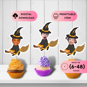 Die Hexe Halloween Party Dekoration,Halloween Geburtstag,Hexen Gesicht Topper,Hexenbesen Cupcake Topper,Horror Geburtstag,Schrei Dekorationen