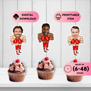 Custom Boxing Face Toppers,Boxer Birthday Themed,Fighting Party Photo Cupcake Decal,The Main Event Favors,Sports Head Decorations,20th 30th