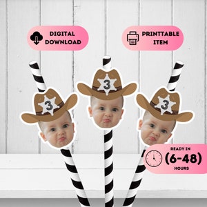 Cannucce con cappello da cowboy, decorazioni per compleanno rodeo, decorazioni per feste da cowgirl, foto personalizzate per bambini, cannucce divertenti per bambini, 1° compleanno, cannucce western