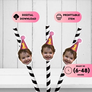 Party Hat Face Straws Birthday,Custom Face Straws,Personalized Face Straws,Straw with your Face,Party Decorations,1st Birthday Straws