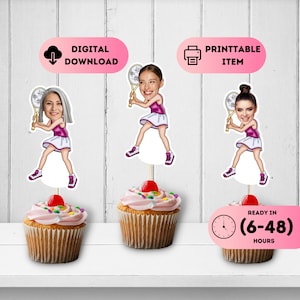 Tennisser cupcake topper, vrouwelijke tennisser gezicht topper, grappig tenniscadeau voor vrouwen, decor tennis party, aangepaste verjaardagstaart topper