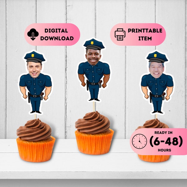 Police Officer Face Toppers,Policeman Party Topper,Police Birthday Party Theme,Policeman Photo Birthday,Personalised Sticker Cupcake