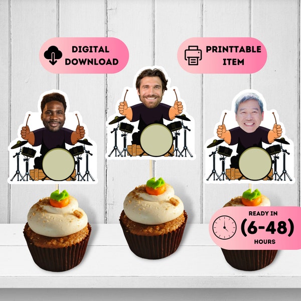 Personalised Drummer Face Toppers,Rockstar Photo Cupcake Decal,Musical Party Theme,Musician Head Birthday Decor,Drumstick Cake Favors,20th