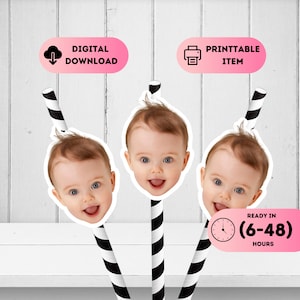 Cannucce personalizzate con il volto, cannucce divertenti per bambini, decorazioni personalizzate per feste con il volto, volto per il primo compleanno, decorazioni per baby shower, volto per addio al nubilato