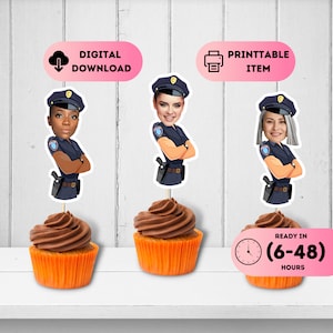 Decorazioni per cupcake con volto di poliziotto, decorazioni per cupcake con la scritta "Poliziotto te stesso", compleanno personalizzato di un agente di polizia, tema per feste a tema poliziotta, compleanno per 30°, 40° e 50° anno