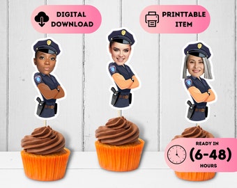 Police Cop Face Toppers,Police Yourself Cupcake Toppers,Personalised Police Officer Birthday,Policewoman Party Theme,30th 40th 50th Birthday