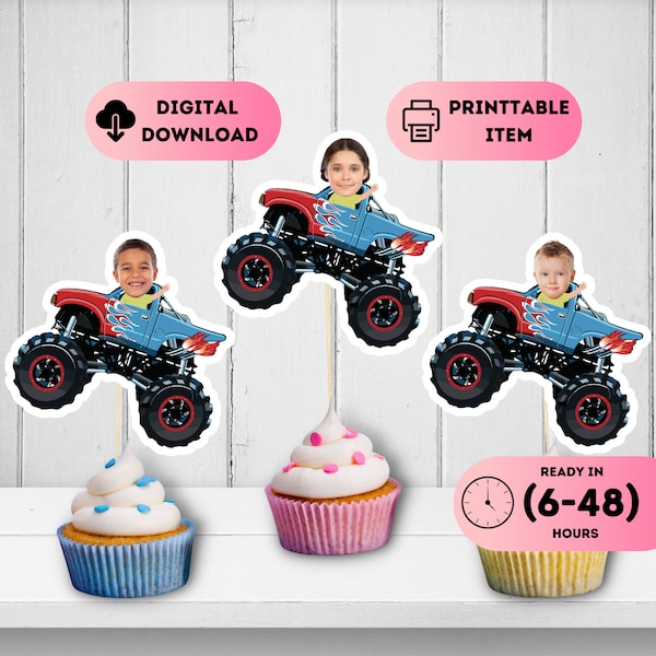 Custom Monster Truck Cupcake Toppers,Smash and Crash Birthday Theme,Monstrous Truck Party Favors,Prıntable Off Road Truck Decal,1st 2nd 3rd