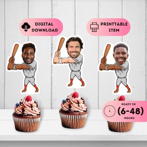 May include: Three printable cupcake toppers featuring cartoon baseball players with different faces. The toppers are ready in 6-48 hours.