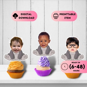 Könnte beinhalten: Drei druckbare Cupcake-Topper mit einem Cartoon-Grauen Kater mit verschiedenen Babygesichtern. Die Topper sind in 6-48 Stunden fertig.