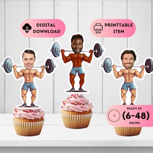 Decorazioni per cupcake con volto di sollevatore di pesi, adesivi per torte con foto di allenamento, decorazioni per feste di compleanno in palestra, adesivi per personal trainer, decorazioni per culturisti, 20° e 30° anniversario