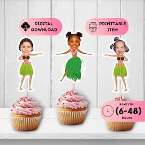 フラダンサーの顔のトッパー、かわいいフラガールのトッパー、パーソナライズされたハワイの面白いカップケーキ、印刷可能なカップケーキトッパー、ルアウパーティーの装飾、フラの誕生日