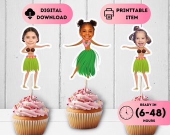May include: Three printable cupcake toppers featuring hula girls with different hairstyles and facial features. The toppers are ready to be printed and cut out. The text "Printable Item" and "Digital Download" are visible in the image. The text "Ready in (6-48) Hours" is also visible.
