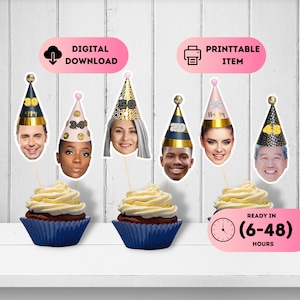 Topper per cupcake con foto e cappellino da festa, tema per feste per adulti, topper per compleanni personalizzati, topper con volto personalizzato, topper con immagine, foto per cupcake di qualsiasi età