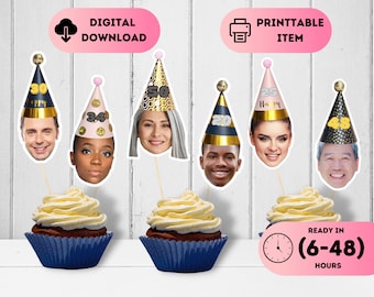 Photo With Party Hat Cupcake Toppers,Adult Party Theme,Custom Birthday Toppers,Personalized Face Topper,Picture Topper,Cupcake Photo Any Age