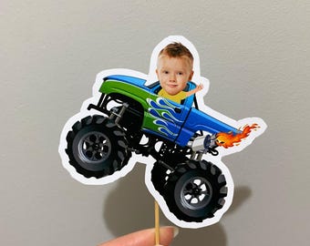 Monster Truck Face Cupcake Toppers,Racing Party Themed,Car Photo Birthday Picks,Personalized Smash and Crash Decor,1st 2nd 3rd 4th 5th 6th