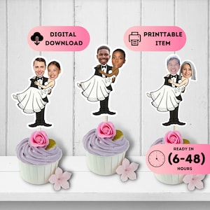 Topper per matrimoni divertenti e personalizzati, topper per foto di matrimoni, topper per foto personalizzate, topper per cupcake con facce divertenti per futuri sposi, sposi e sposi