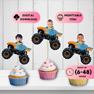 Pomarańczowe Monster Truck Face Cupcake Toppers, Personalizowane Dziecięce Imprezy Tematyczne, Wydrukowane Zdjęcie Urodzinowe Dekoracje, Zabawna Naklejka Na Tort, 1. 2. 3. 4. 5.